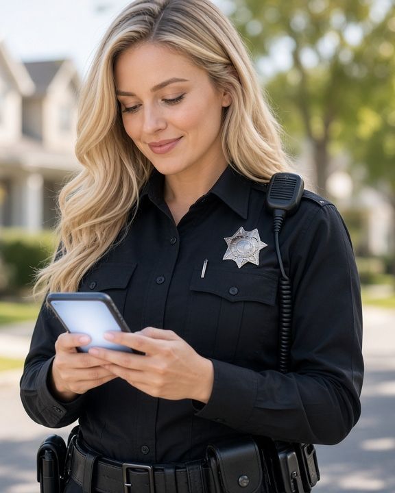 Officer reviewing a draft notice on her phone on a residential street (AI-generated image)