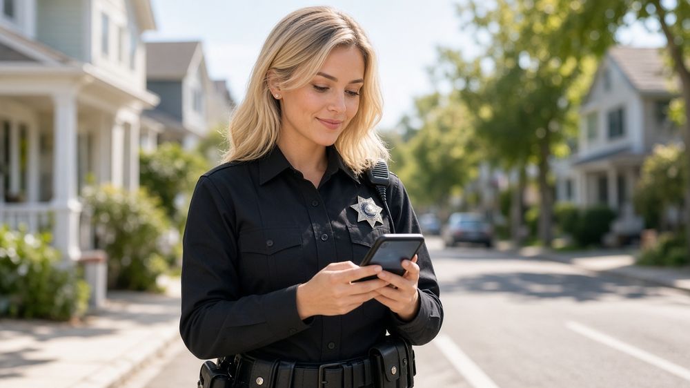 Officer using Code Red on her phone on a tree-lined residential street (AI-generated image)