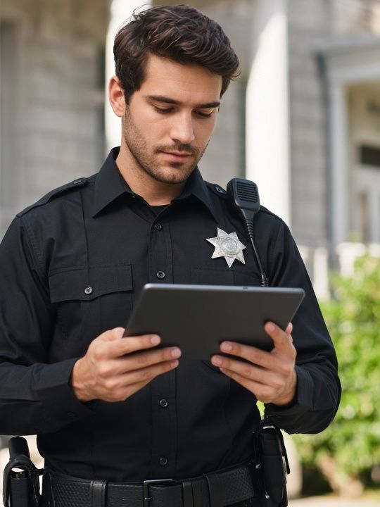 Officer checking ordinance text on a tablet (AI-generated image)