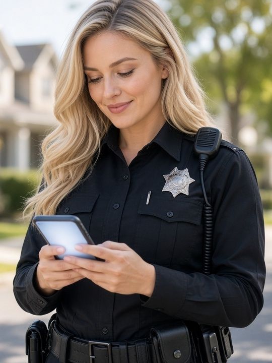 Officer reviewing the AI analysis on her phone (AI-generated image)